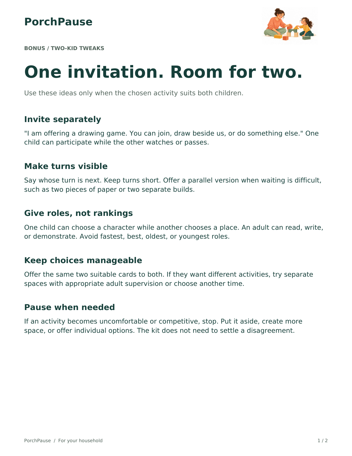 Two-Kid Tweaks bonus page with ways to include two children