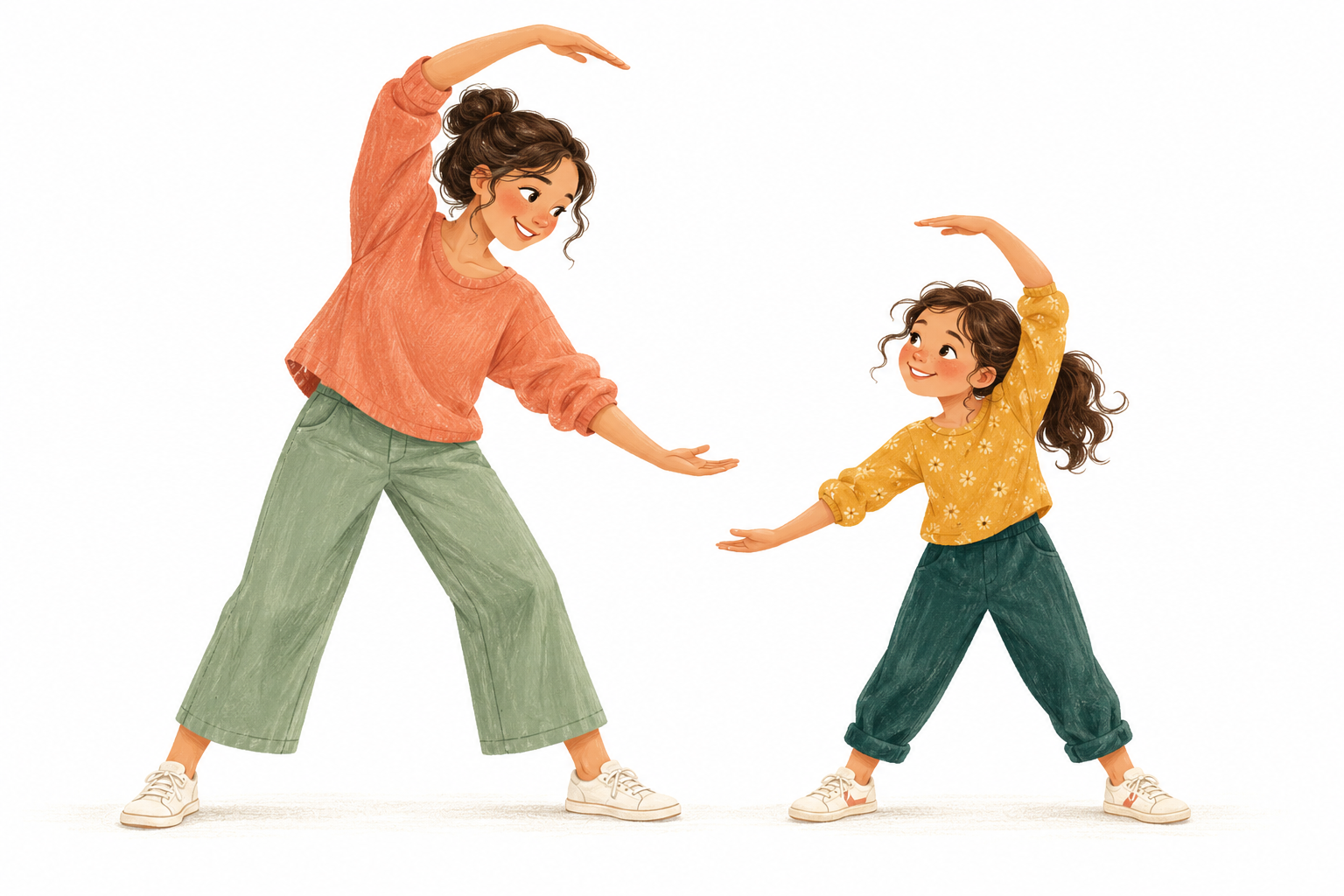 A caregiver and her young daughter stretch sideways with arms curved overhead in matching movement poses