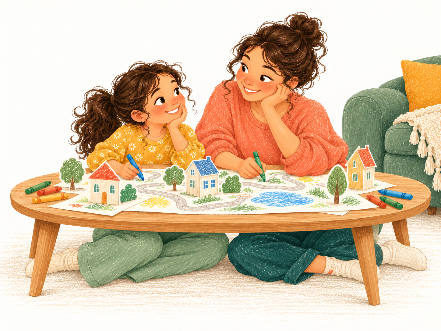 A caregiver and her daughter sit on the floor at a low table, drawing together over a paper village of small houses and trees