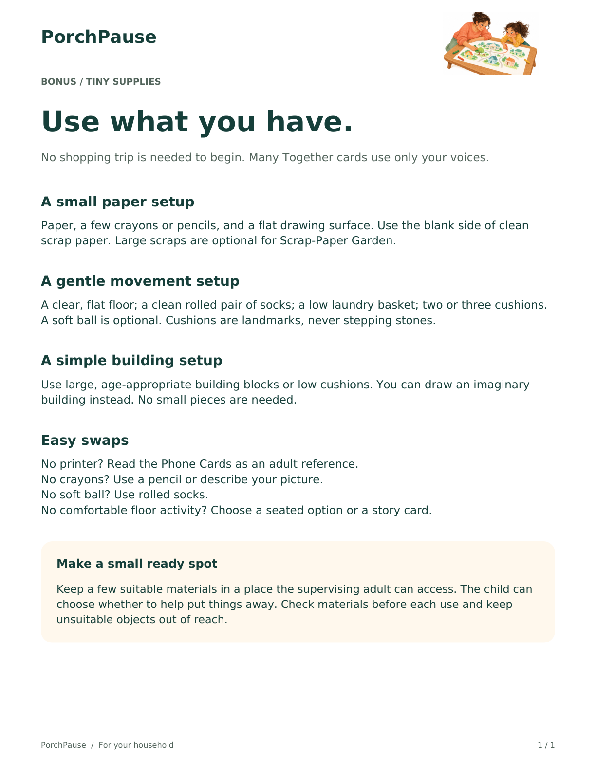 Tiny Supplies bonus page with everyday materials and alternatives