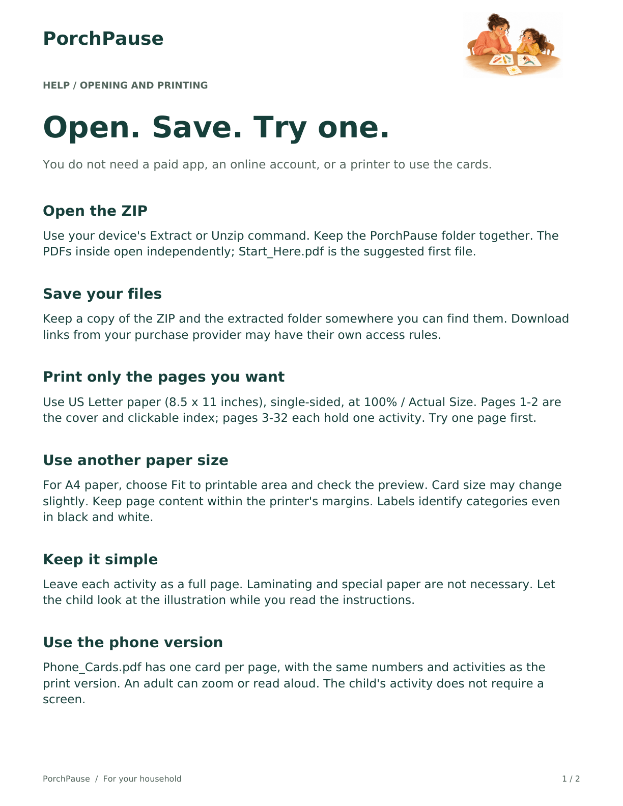 Opening and printing help page with instructions for saving files, printing pages, and using the phone version